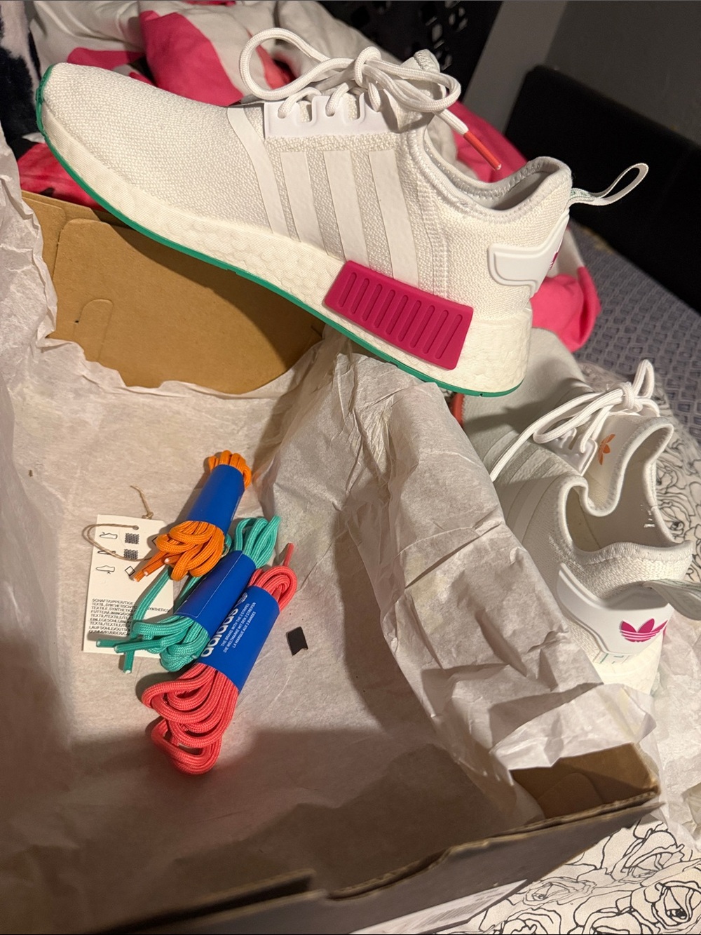 adidas NMD-1 White Sneakers with Pink and Teal Accents - Picture 5 of 5